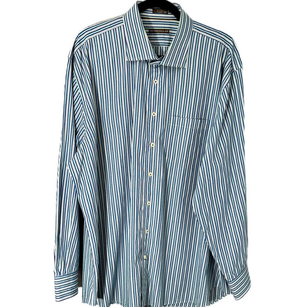 Peter Millar Long Sleeve Shirt Men’s XXL Blue Green Striped Button Down